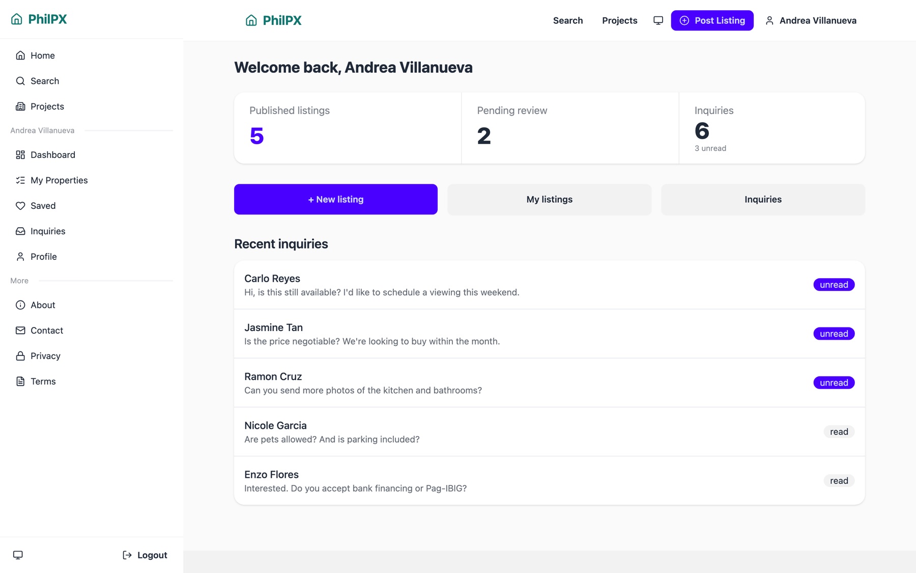 PhilPX lister dashboard
