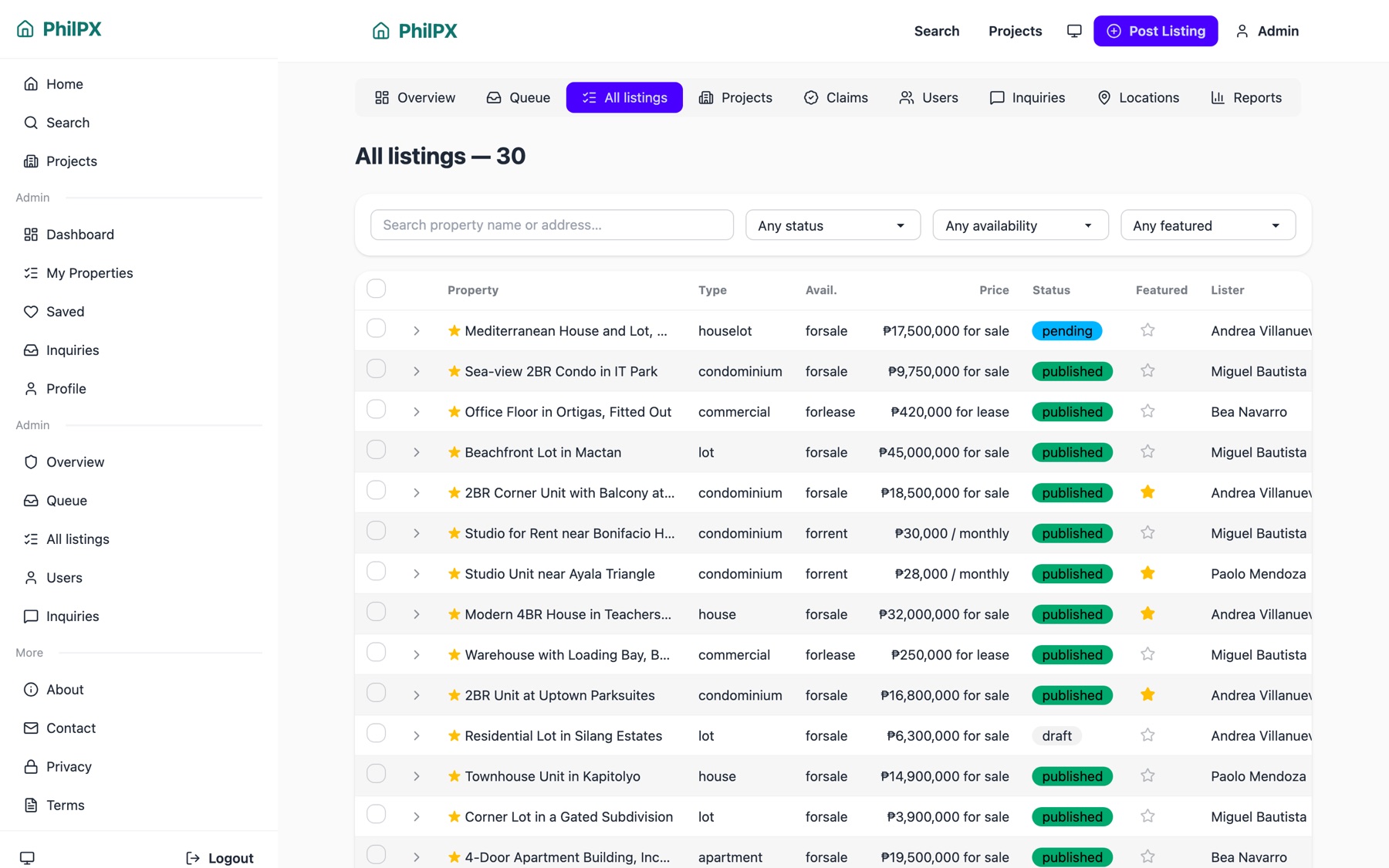 PhilPX admin listings table