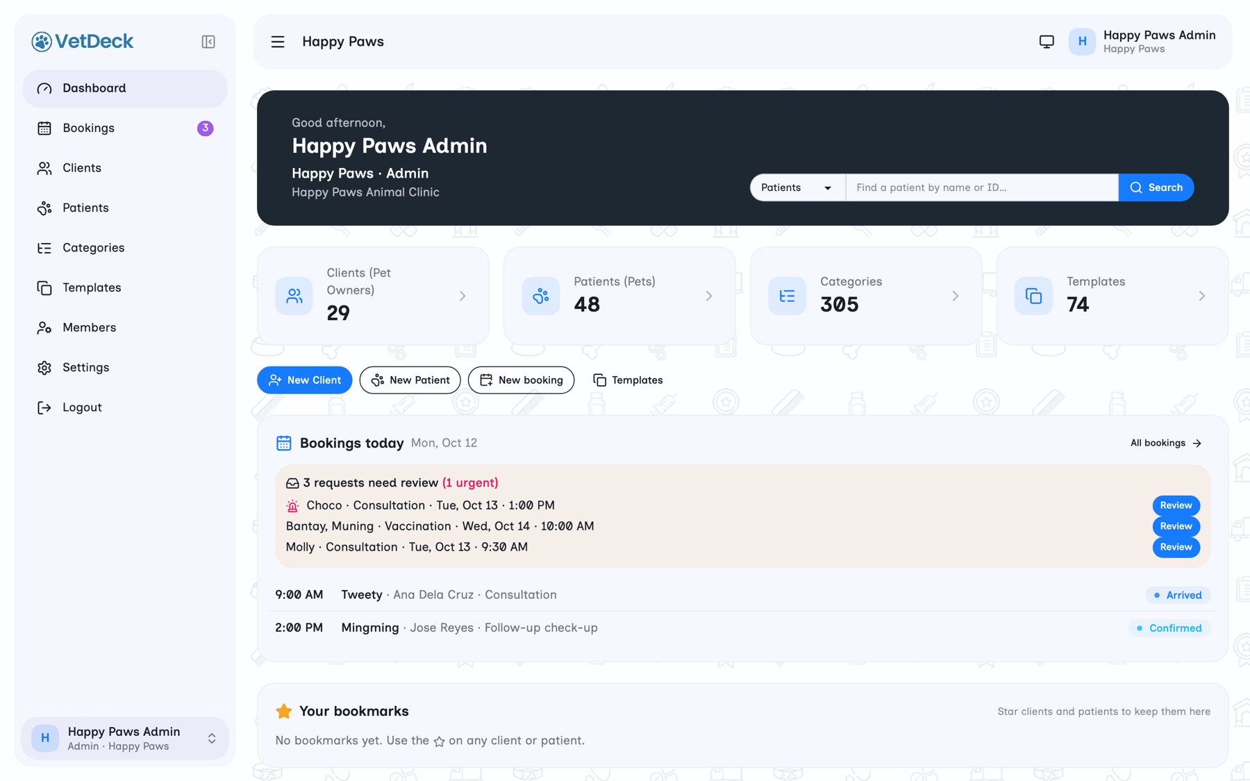 VetDeck clinic dashboard