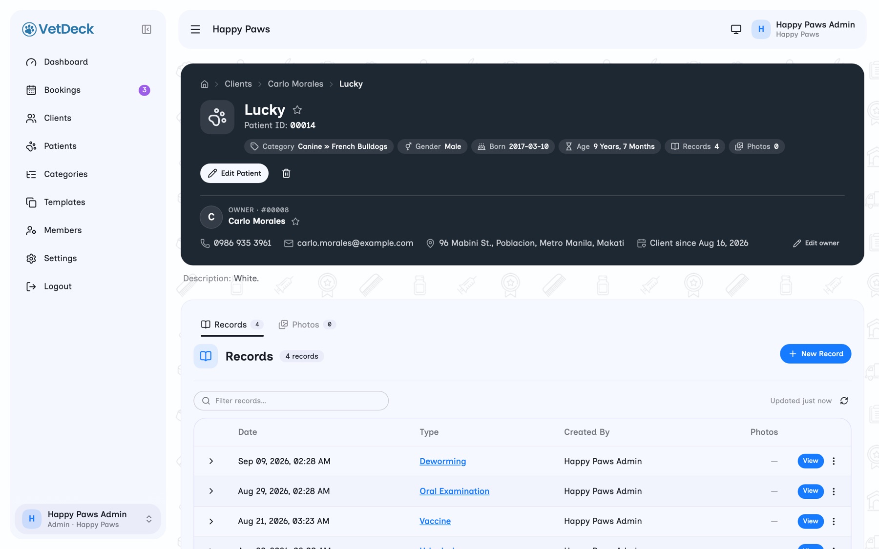 VetDeck patient record